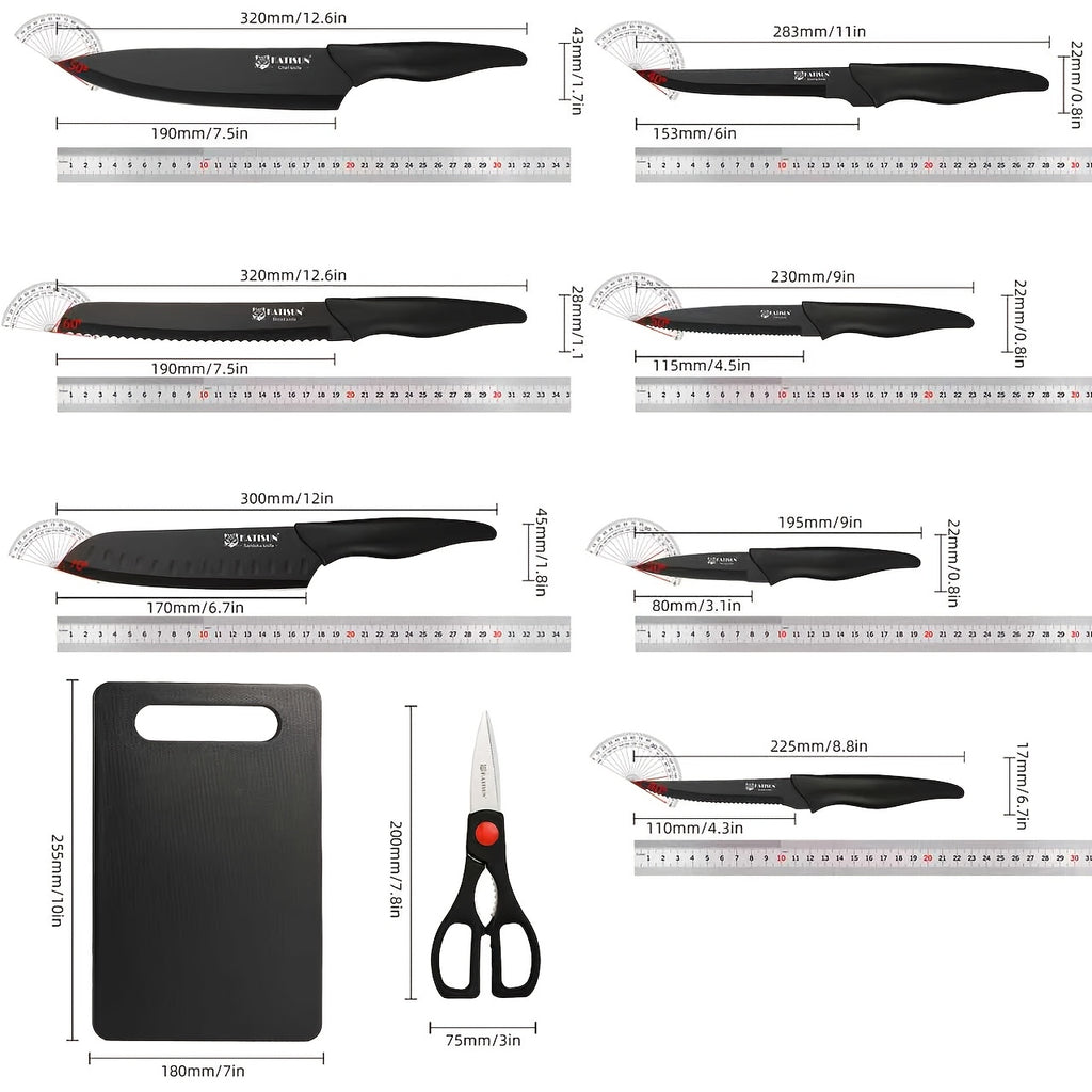 15pcs Professional Black-Coded Kitchen Knife Set With Black Wooden Block, Non-Slip ABS Handle Chef'S Knife, Plastic Cutting Board, And Kitchen Shears. Ideal For Home And Restaurant Use. The Perfect Gift For Thanksgiving, Christmas, And New Year.