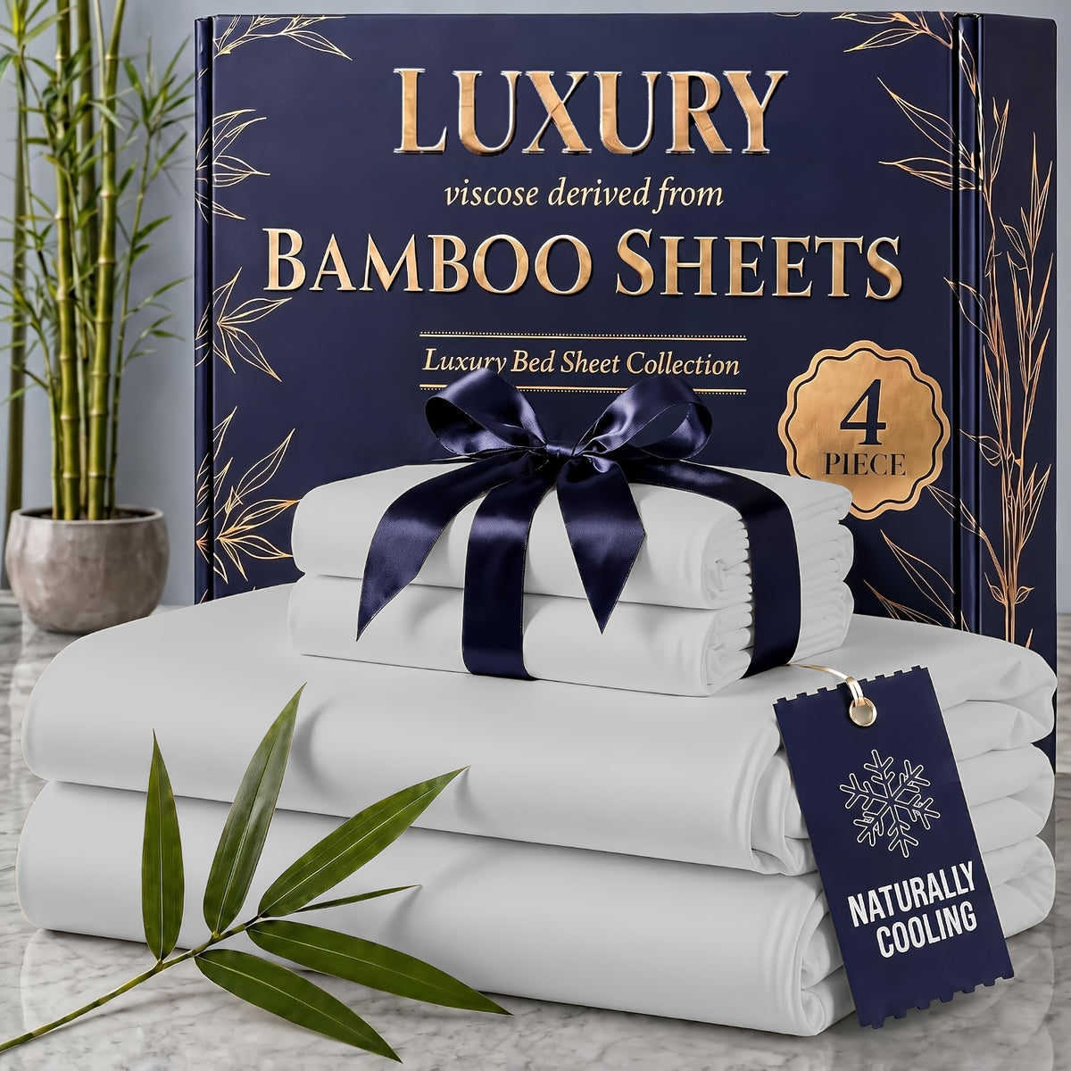 4pcs Cooling Bamboo Blend Sheet Set, Breathable Soft Sheets for Hot Sleepers, 14-Inch Deep Pocket, Twin/Full/Queen/King, Kids Room Decor, Christmas Holiday Home Decor
