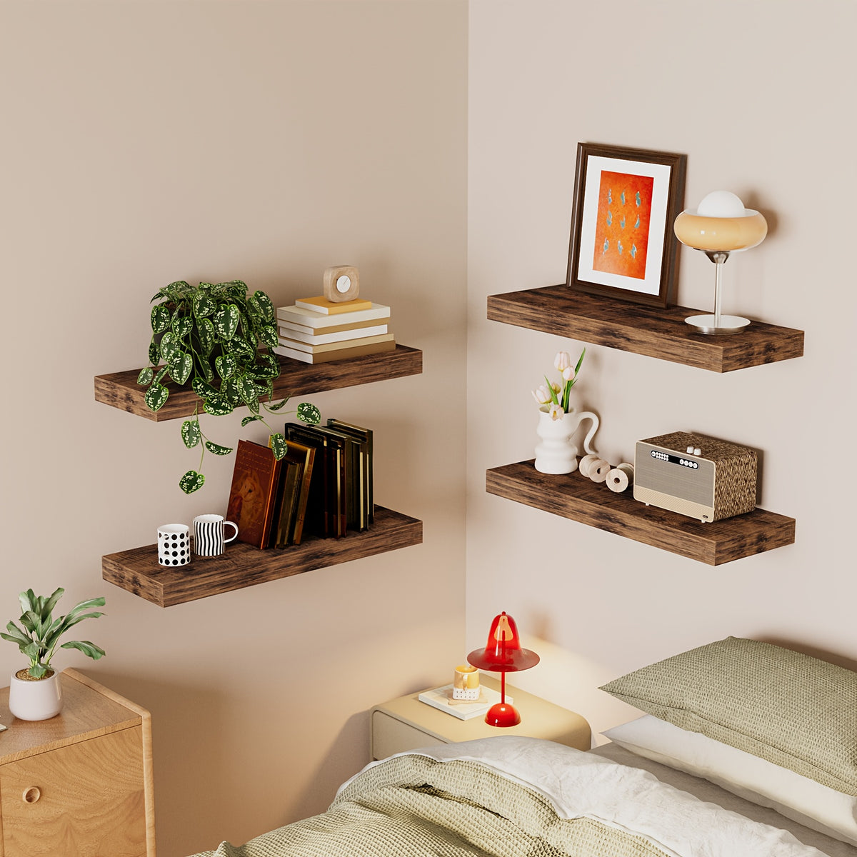 Rustic Finish Floating Shelves, 15.8 Inch Wall Display Set with Invisible Brackets in 4 or 8 Piece Options for Living Room, Bedroom and Home Decor