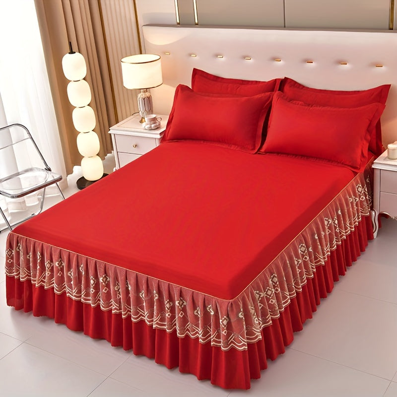 3pcs Macrame Bed Skirt Set (Bed Skirt *1+ Pillowcase*2, Without Core), Solid Color Double Layer Lace Bed Skirt All Seasons Universal Non-Slip Bedding
