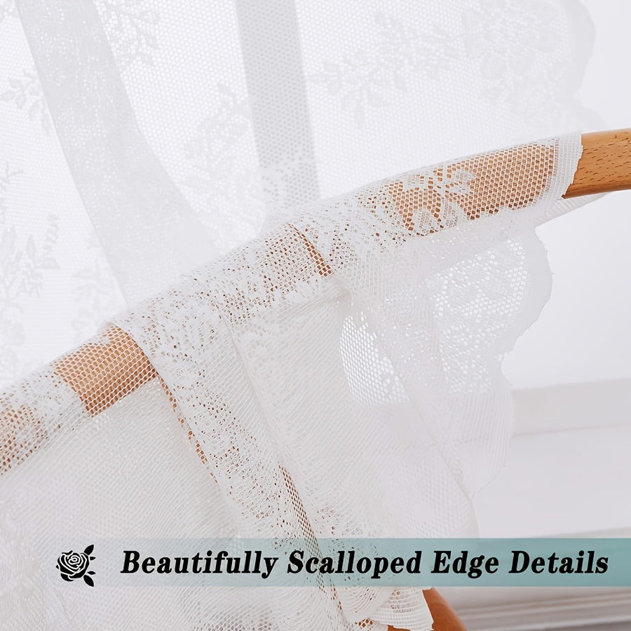1pc White Lace Door Curtain with Wave Edge, Semi-Sheer Polyester Rod Pocket Curtain for Home And Outdoor Use, Vintage Style with Floral Pattern, Semi-Sheer Curtains | Vintage Curtain Design | Embroidered Detailing