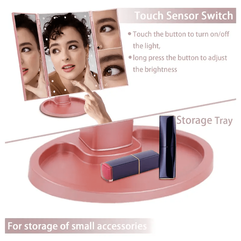 Makeup Mirror with Lights, Tri-Fold LED Vanity Mirror Touch Screen, 1X 2X 3X 10X Magnifying, Adjustable Base, Travel Mirror for Desk, Gift for Women, Rose Golden/Black