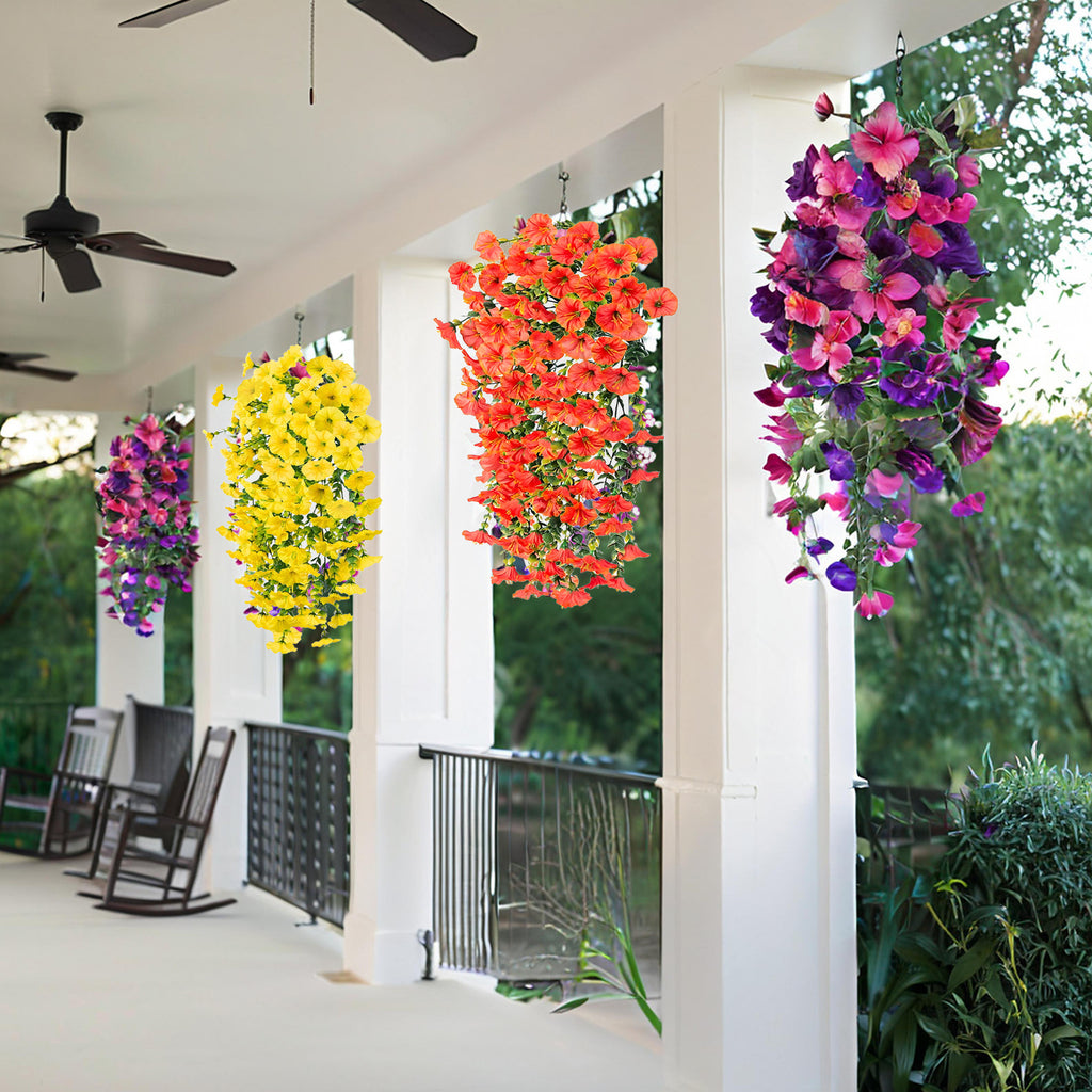 4pcs Artificial cascading Hanging Flowers - Fake Blooms with 45 Flowering Branches, Low-Maintenance Faux Plants for Garden, Porch,, Balcony - Christmas & Year-Round Decor No Watering, Plastic/P Realistic flowers for wedding