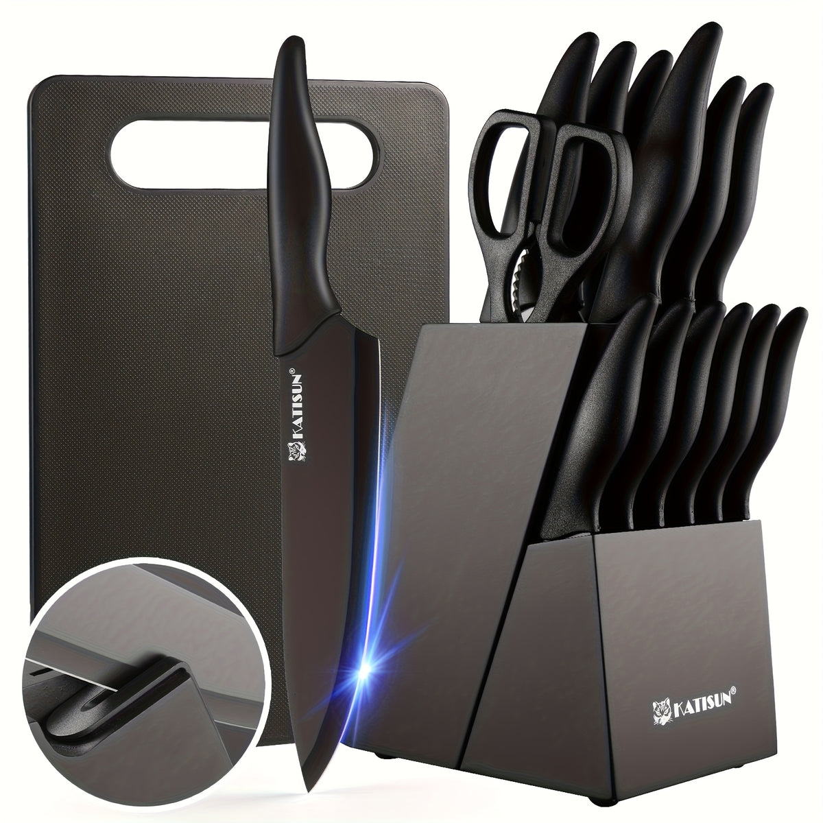 15pcs Professional Black-Coded Kitchen Knife Set With Black Wooden Block, Non-Slip ABS Handle Chef'S Knife, Plastic Cutting Board, And Kitchen Shears. Ideal For Home And Restaurant Use. The Perfect Gift For Thanksgiving, Christmas, And New Year.