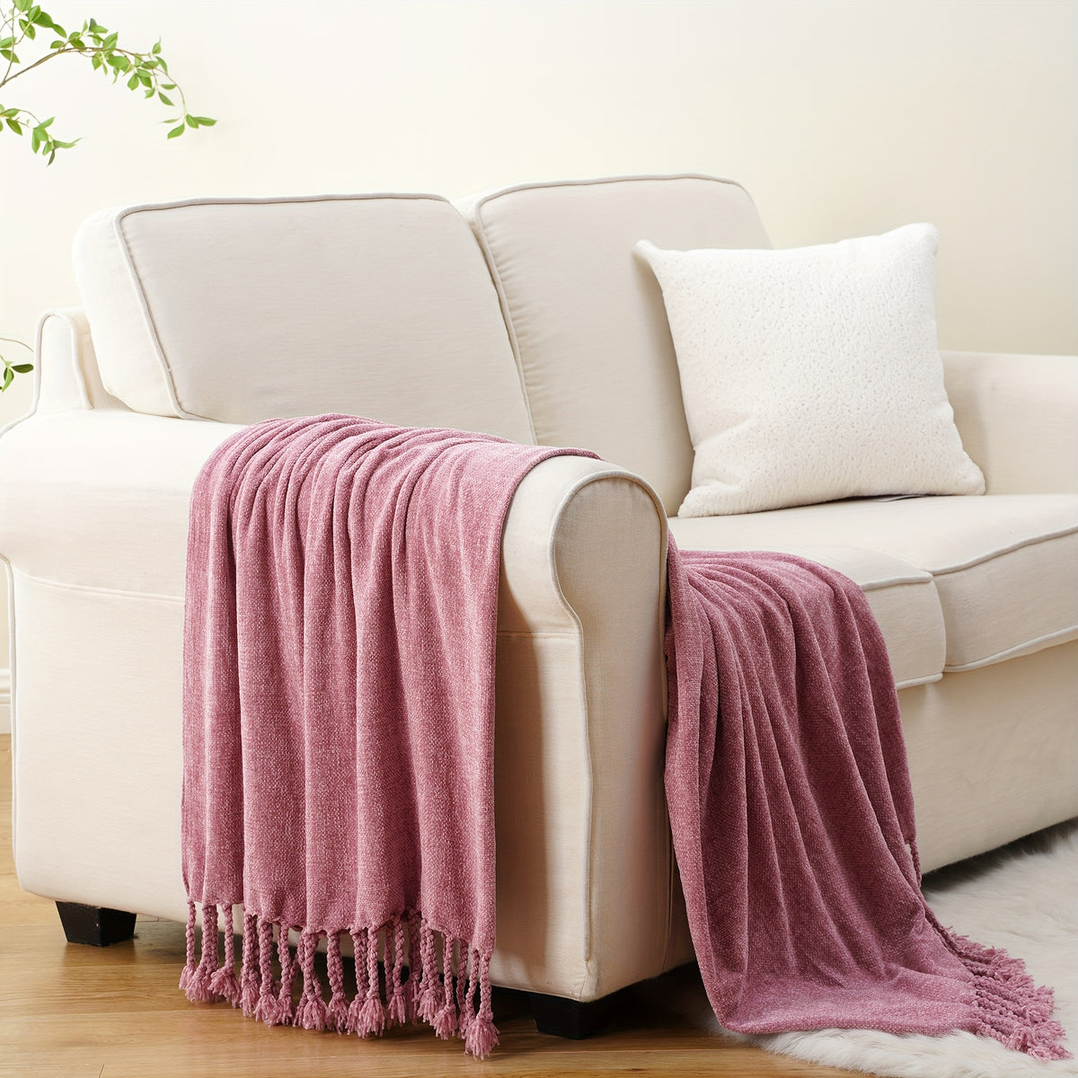 Decorative Fringe Velvety Throw Blanket for Sofa Home Decor, Chenille Throw Blanket for Couch, 50"x60"