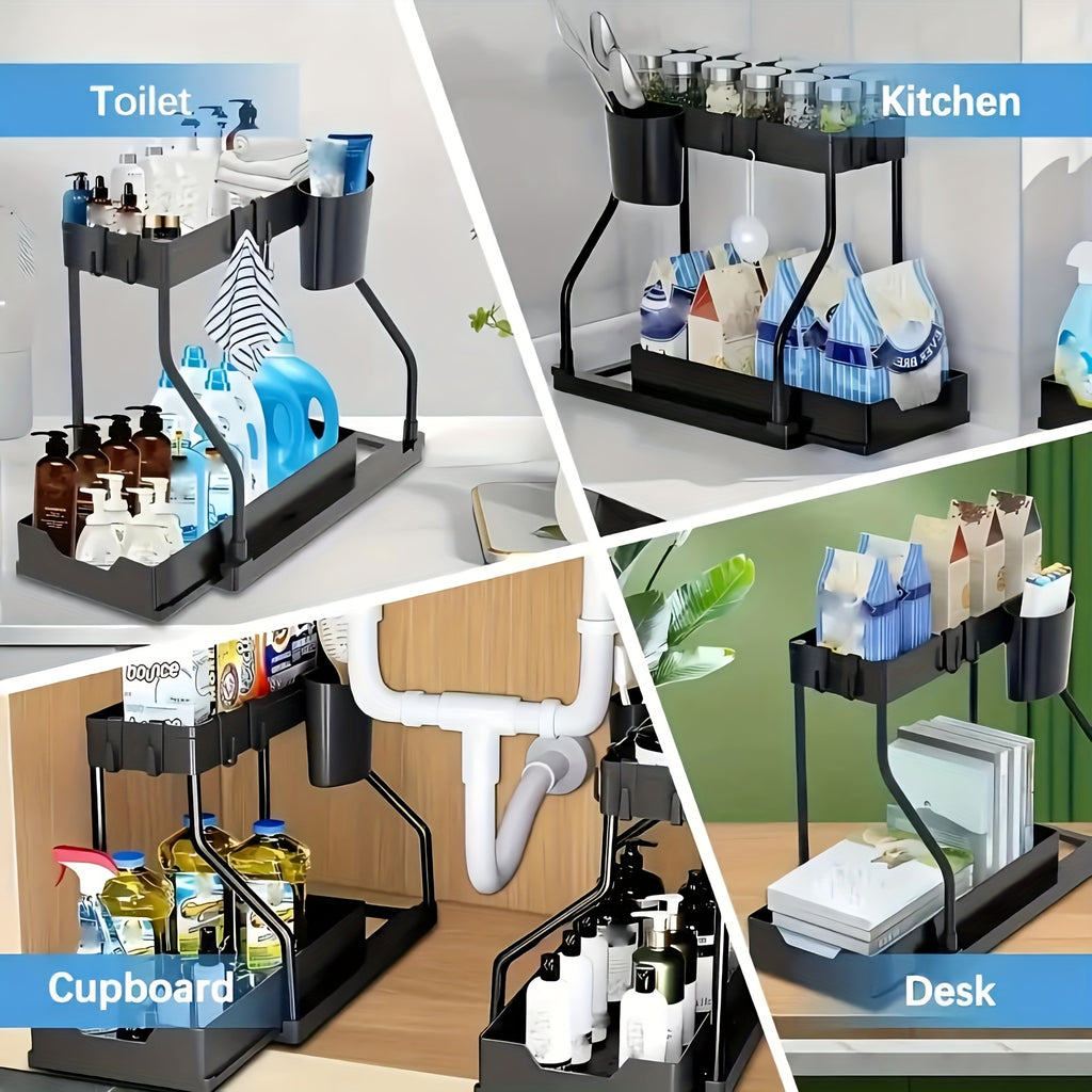 2pcs Under Sink Organizer with Sliding Shelves Multi-Purpose Black Plastic Storage Basket for Bathroom And Kitchen Cabinet Durable Construction Bathroom Organizer
