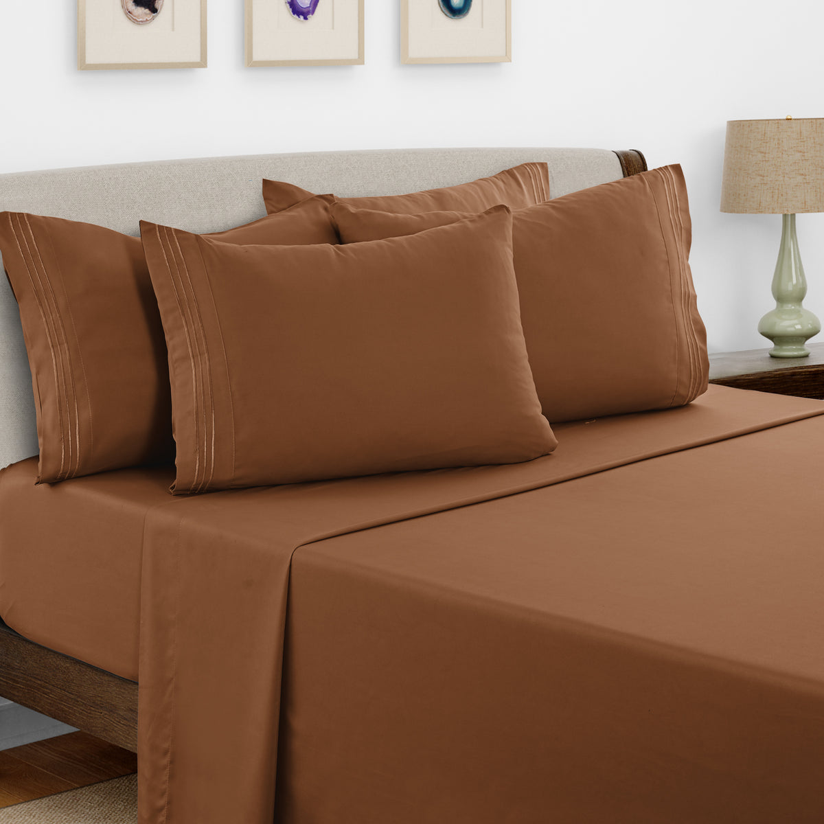 Lux Decor 6 Pieces Solid Bed Sheets Set - Modern Soft Comfortable Bedding Set, Hotel Luxury Skin Friendly Cooling Sheets & Embroidered Pillowcases Without Filler - All Seasons Bed Sheet with 16 Inches deep Pocket, Breathable Skin Friendly & Cooling Sheets