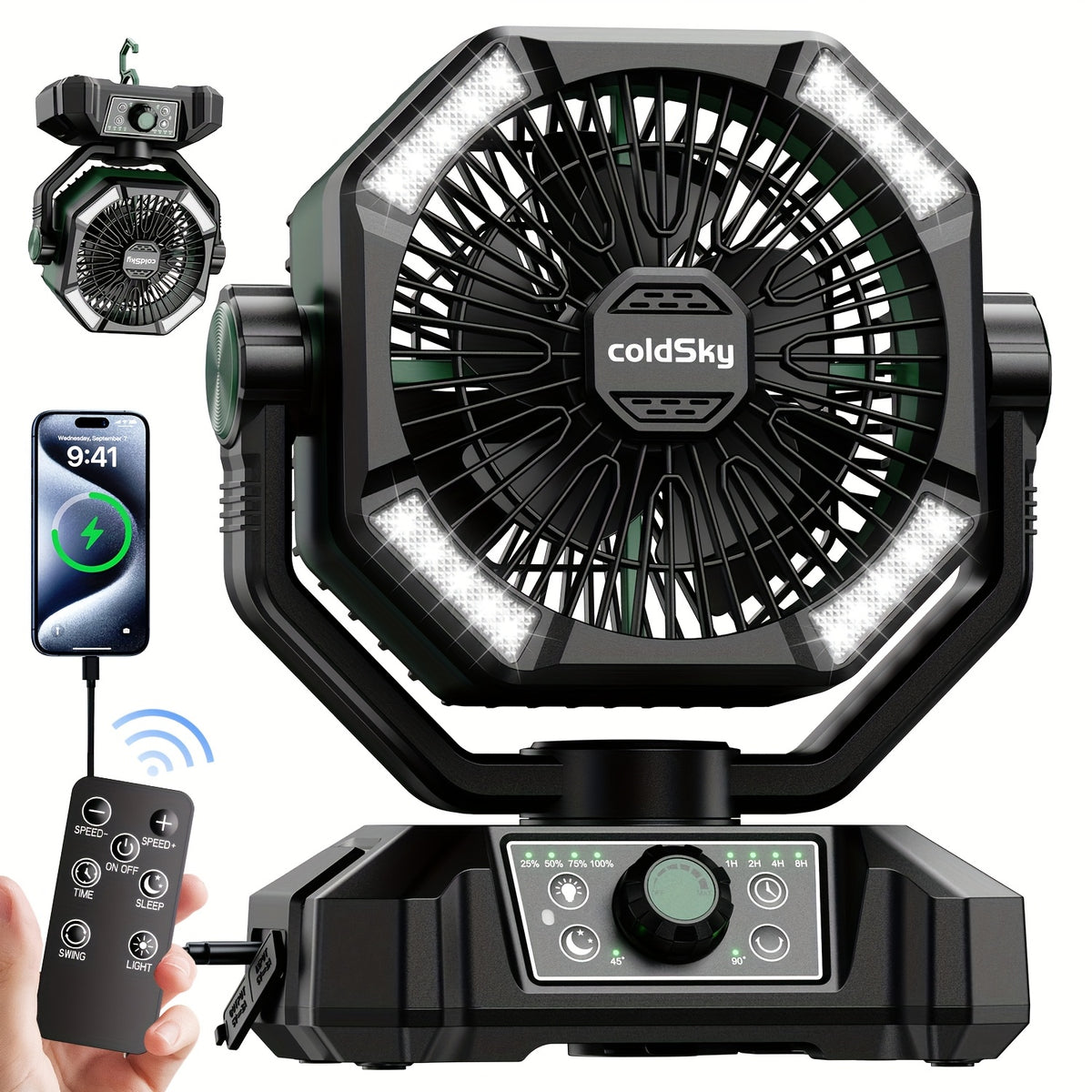 20000Mah Battery Powered Camping Fan - Dual Motor, 8-Speed with Remote Control & 4 LED Lanterns, Portable Outdoor Fan with Hook for Tent, Power Outage, Construction Site, For Outdoor Camping Travel
