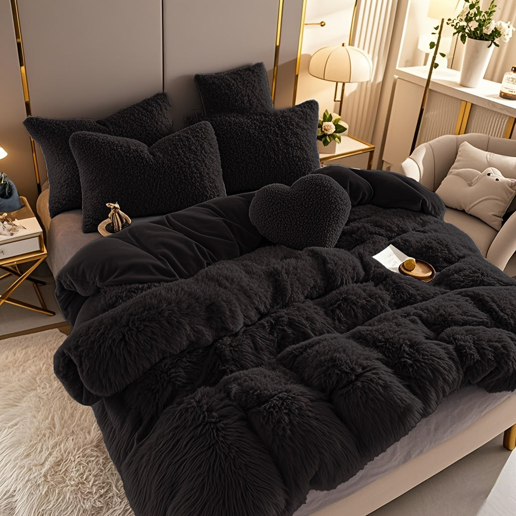 4pcs Fluffy Comforter Cover Set Queen King, Soft Plush Duvet Cover Set with Pillow Shams, All Season Cozy Bedding, No Insert