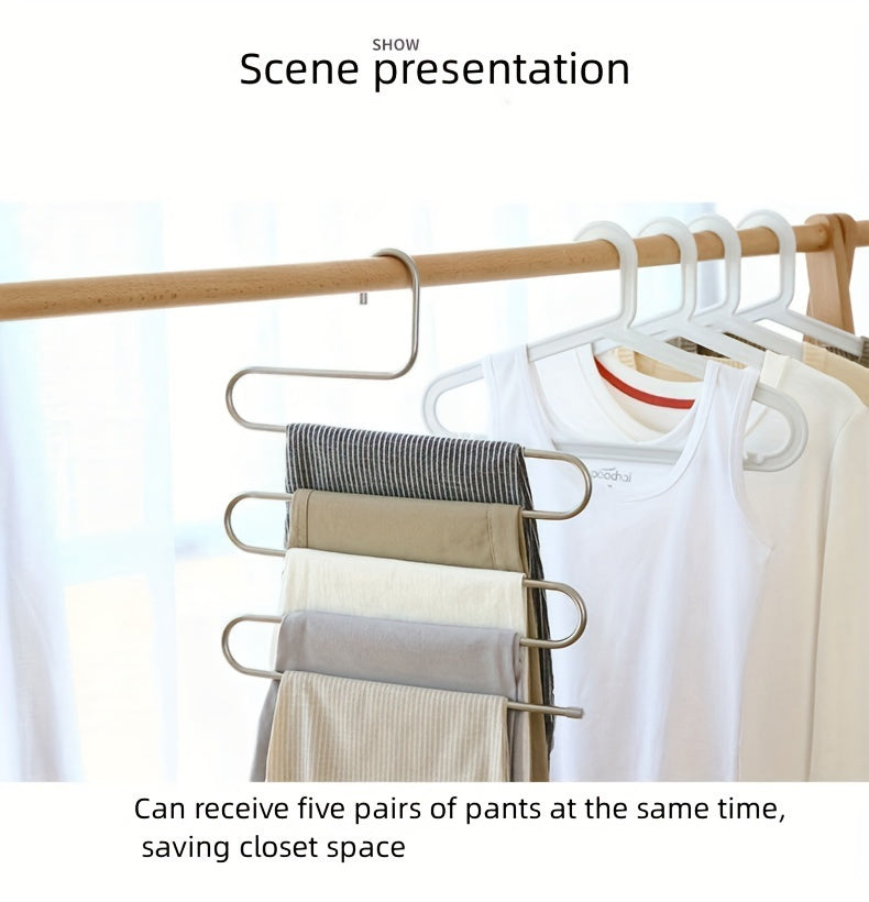 5 Tier Stainless Steel Pants Hanger S Shaped, Non Slip, No Mark Multi Layer Organizer For Closet Storage, Ideal For Jeans & Trousers, Space-Saving Design For Neat Wardrobe Organization, Clothes Organizer Storage