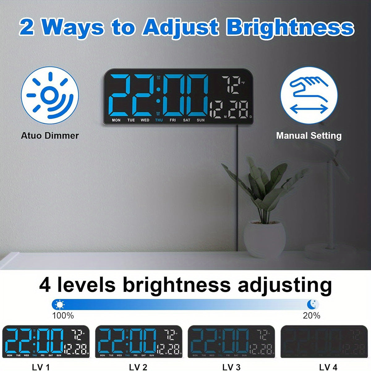 14.6"/9.5" LED Digital Alarm Clock - Large Display Desk & Wall Clock with Date, Week, Temp, Auto Brightness Dimmer, Remote Controll, Modern Clock for Home & Office Decor, Great Father's Day Gift for Dad, Seniors & Elderly