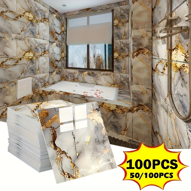 50/100pcs Stick Shower Tiles, Waterproof PVC Wall Panels, Marble Wall Tiles Self Adhesive Vinyl Backdrop for Bathroom, Kitchen, Living Room, Easy Peel & Stick, Ideal for TV Backdrop, Bathroom Wallpaper, Modern Wall Decor, Easy Installation