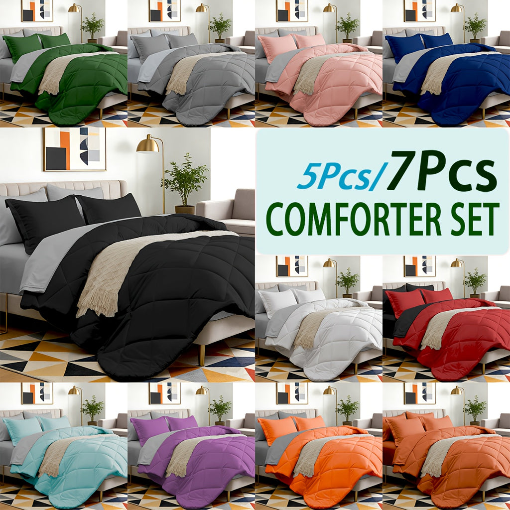 5/7pcs Luxurious Double-sided Checked Pattern Comforter Set-Breathable-Ultra Soft Fluffy Fiber Filling, Warmth for All Seasons-Bed In A Bag with Comforter, Flat Sheet, Fitted Sheet, Pillowcases, And Pillowshams, Family Gift Set, Random Color