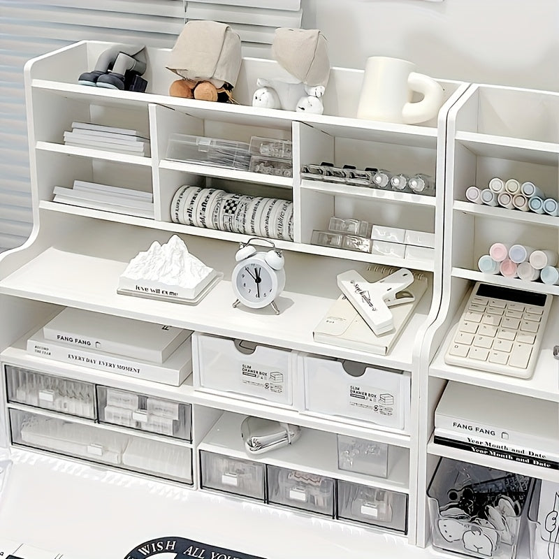 1pc Modern 2-Tier Desk Organizer with Drawer Storage & Tilt Pen Holder - Raised Bookshelf Suitable for Stationery, Cosmetics, Office Supplies, Space-Saving Partition Shelf, Lightweight PVC Storage Box for Office, Dormitory, Partition Box, Desk &