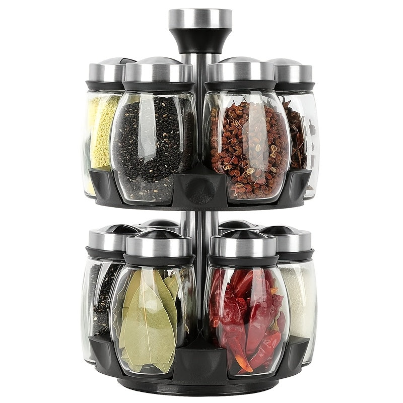 Rotating Spice Rack with Glass Jars, 6 or 12 Seasoning Bottles with Adjustable Dispensing Lids and Single or Double Tier Kitchen Storage Organizer