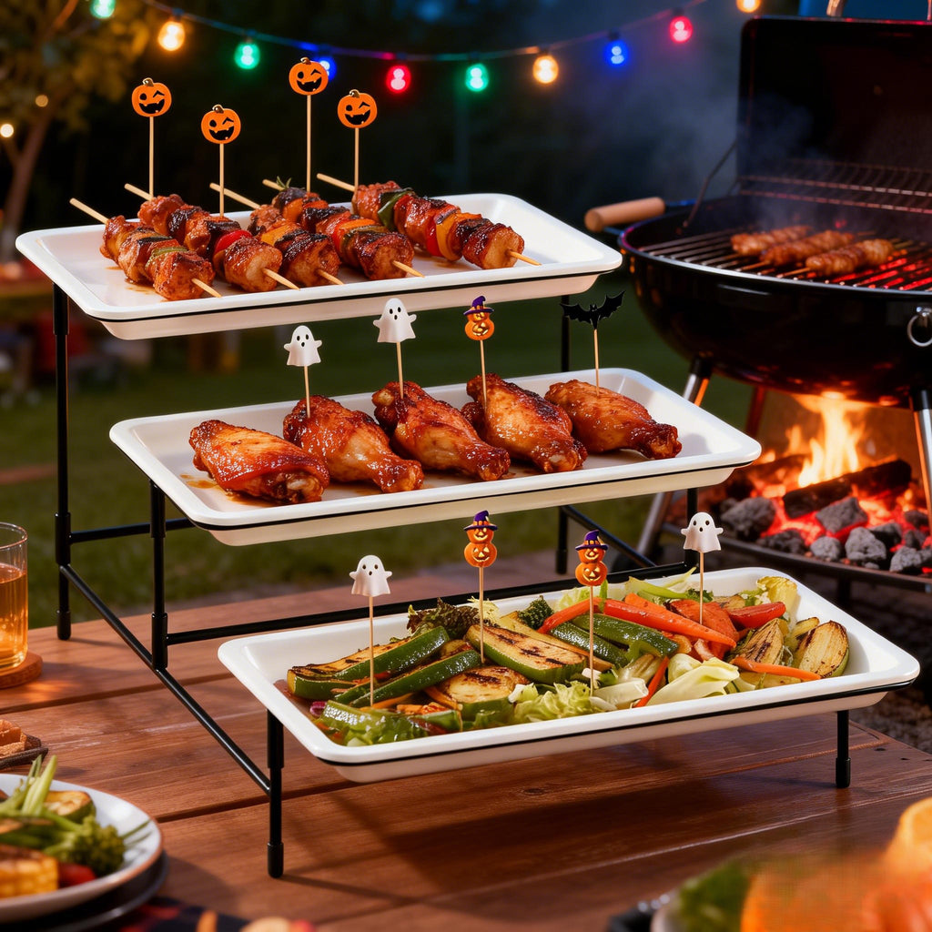 12" x 6.5" Platters for Serving Food, 3 Tier Plastic Serving Tray for Party Supplies, White Reusable Trays with Metal Display Stand for Veggie, Fruit, Dessert