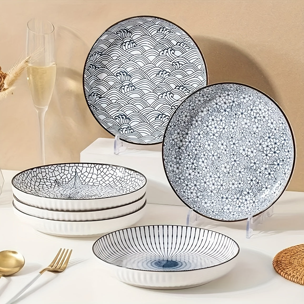 4pcs Set Of Japanese-style Ceramic Floral Plates Yamada Household Serving Plate, Nordic-style Steak Plate, Ceramic 7-inch Deep Plate, Non-slip Edge, Underglaze Color Round Plate