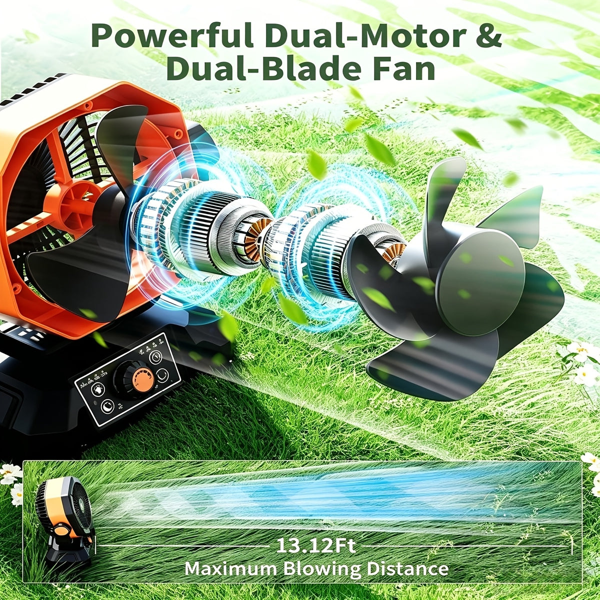 Dual Motor Camping Fan, 20000mAh Rechargeable Battery Powered Portable Fan with 8 Speeds, Remote Control, 4 LED Lights and Hanging Hook for Tents and Home