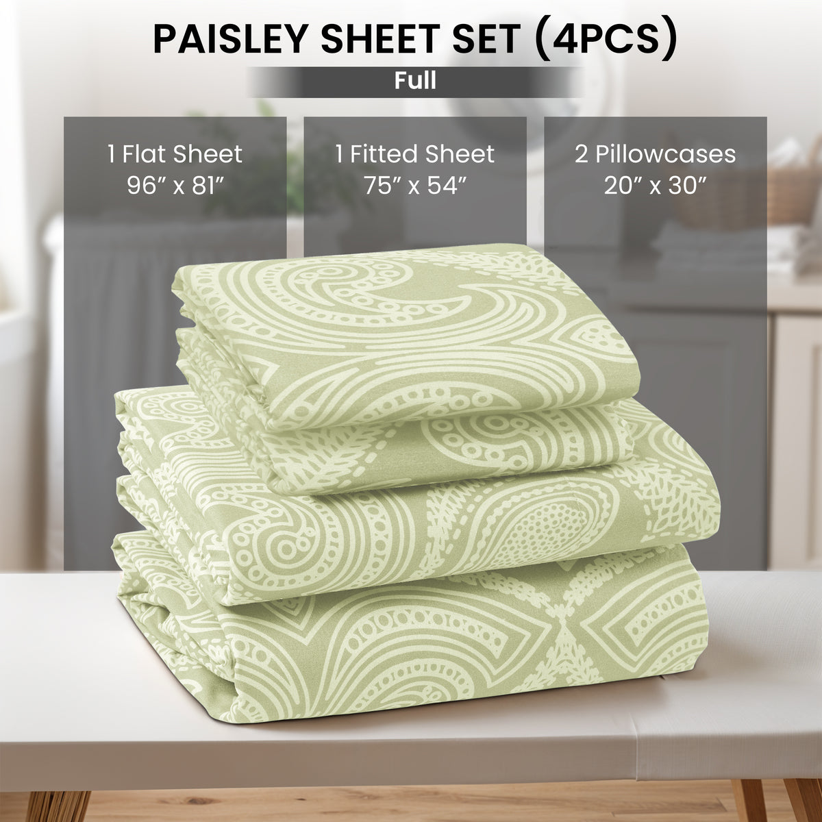 Paisley Bed Sheet Set, Soft Double Brushed Microfiber Bedding with 16-Inch Deep Pocket Fitted Sheet and Pillowcases in Six Sizes for Bedroom Comfort