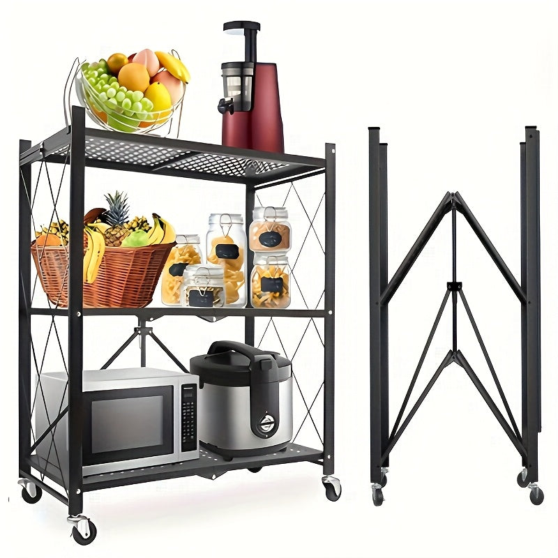 3-Layer Foldable Storage Rack with Wheels | High Load-bearing Capacity, Suitable for Garage and Kitchen Use, Black Iron Shelving Unit, Practical and Multipurpose, Utility Racks