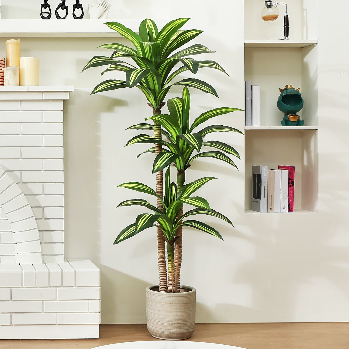 4ft/5ft/6ft Artificial Dracaena Tree in Pot - Realistic Faux Plastic Tropical Floor Plant with Easy Assembly, All-Season Indoor/Outdoor Decor for Home Office Living Room Porch, Housewarming Gift (Includes Container), Best for Christmas, Perfect for Thanks