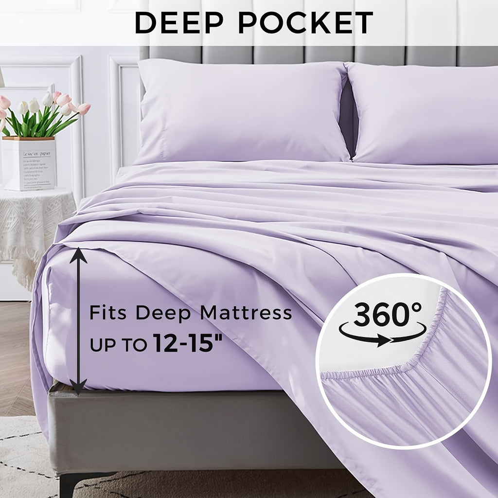 4pcs Queen Size Luxury Hotel-Grade Bed Sheet Set - 2000TC Ultra Soft & Breathable Microfiber with 14" Deep Pocket, Shrinkage & Fade Resistant, Lavender Elegant Deep Pocket Fitted Sheet, Flat Sheet & 2 Pillowcases for Mattresses, All-Season Easy Care Beddi