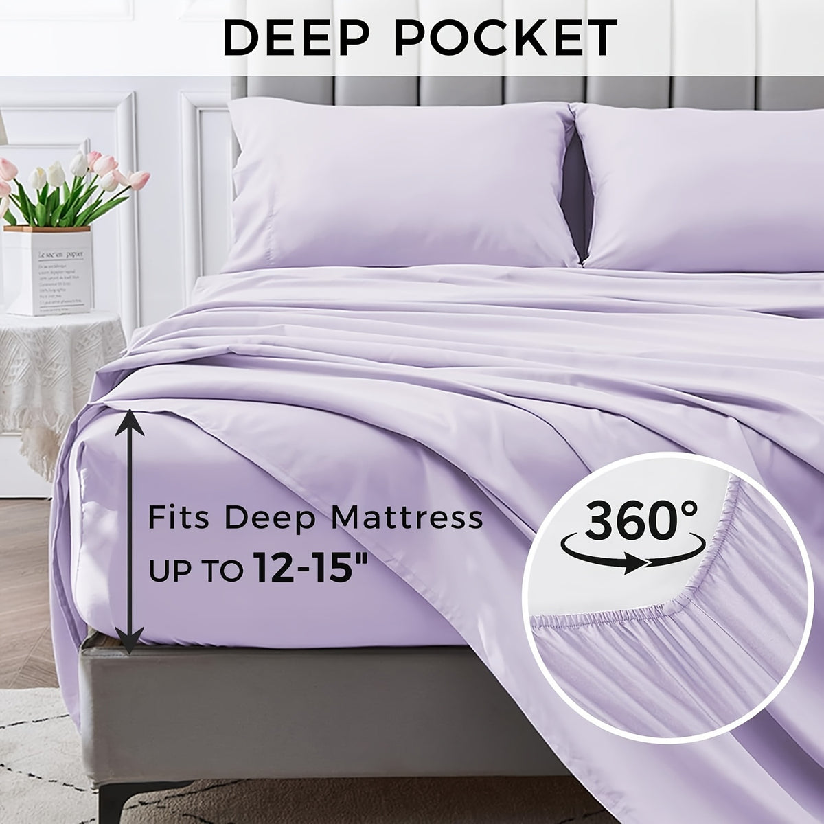 4pcs Queen Size Luxury Hotel-Grade Bed Sheet Set - 2000TC Ultra Soft & Breathable Microfiber with 14" Deep Pocket, Shrinkage & Fade Resistant, Lavender Elegant Deep Pocket Fitted Sheet, Flat Sheet & 2 Pillowcases for Mattresses, All-Season Easy Care Beddi