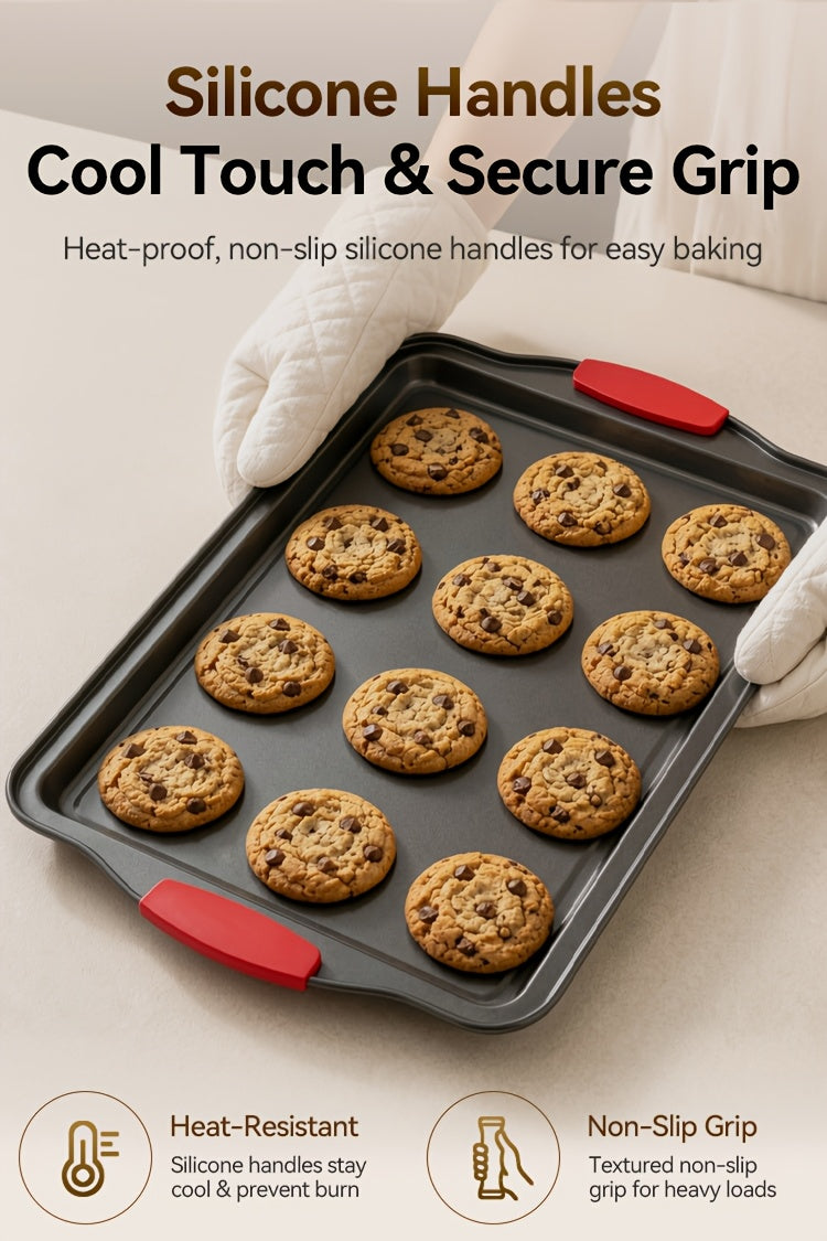 3pcs Nonstick Carbon Steel Oven Baking Pans Set With Detachable Silicone Handles, Premium Non-Stick Steel Bakeware Set, Commercial Grade Restaurant Quality Rimmed Sheets, Easy-Clean Baking Trays For Cookies, Pizza, Cake & Home Kitchen Use