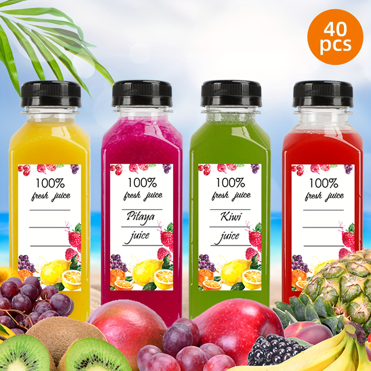 TOMNK 40pcs 12-Ounce / 100pcs 16-Ounce Chear Juice Bottles with Lids and Labels, Leak-Proof Bulk Drink Beverage Containers with Funnel and Brush(Color Random), Suitable for Water, Juicing, Smoothies, Coffee, and Other Beverages