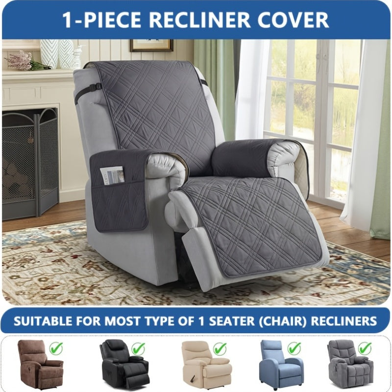 Recliner Protector Cover with Side Pocket, One-Piece Quilted Chair Cover with Elastic Band for Pet Households and Everyday Living Room Furniture Care