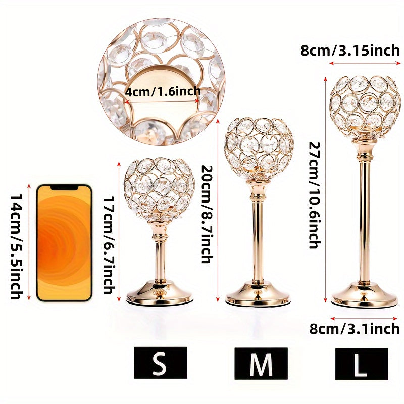 3pcs Set Crystal & Metal Candle Holders - Windproof, Perfect for Christmas, Halloween Table Decor, Romantic Dinners, Wedding Anniversaries, Home & Hotel Ambiance, Birthday Gifts - Ideal for Centerpieces, Parties (Candles Not Included)
