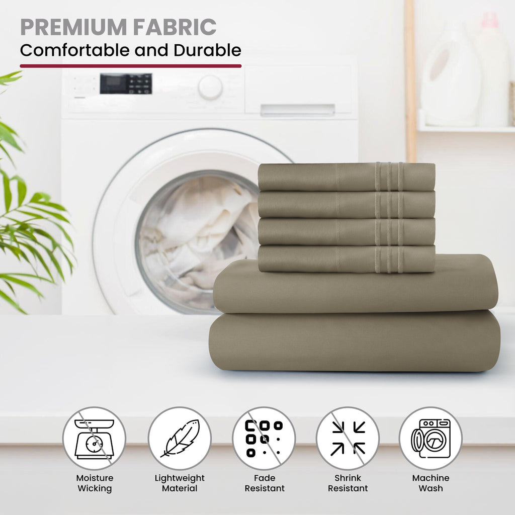 Lux Decor 6 Pieces Solid Bed Sheets Set - Modern Soft Comfortable Bedding Set, Hotel Luxury Skin Friendly Cooling Sheets & Embroidered Pillowcases Without Filler - All Seasons Bed Sheet with 16 Inches deep Pocket, Breathable Skin Friendly & Cooling Sheets