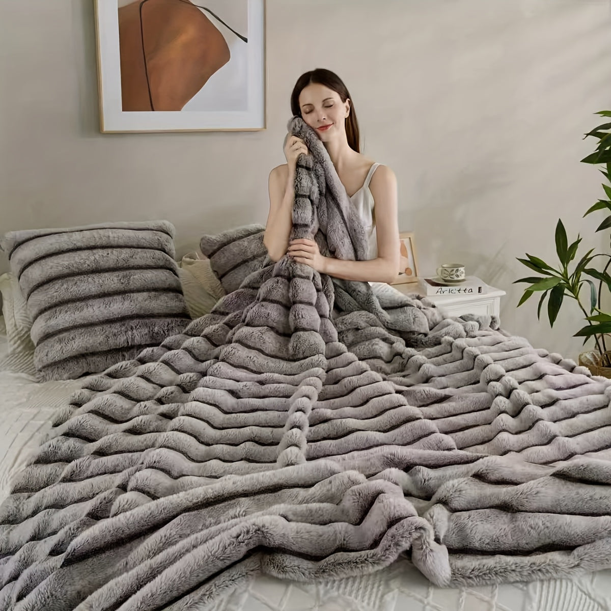 A Faux Rabbit Fleece Blanket, Double Layer Thickened, All Season, King/Queen Size, Winter Blankets Soft Warm, Throw For Adults Reversible Machine Washable Blanket, For Home, Car, Office, Travel, Couch Cover, Christmas, Halloween Gift, Birthday Gift