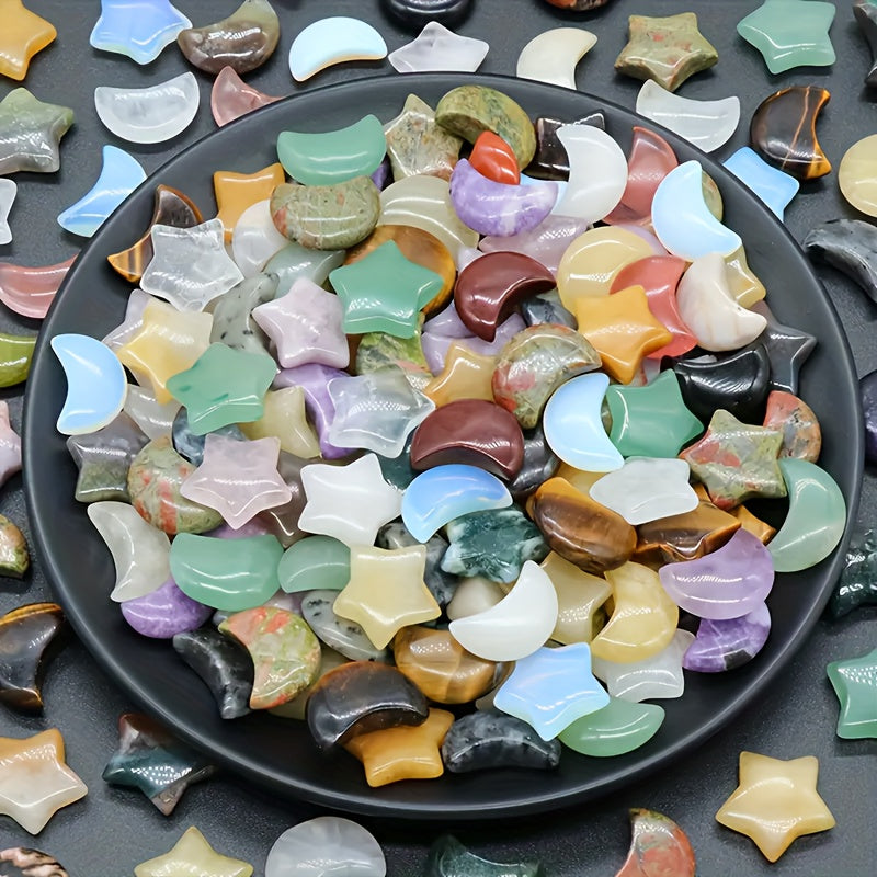 50pcs Random Stone Crystal Set, Star & Moon Crystal Worry Stones, Polished Thumb Gemstones For Meditation, Balancing, Reiki, Witchcraft, And for home Decor