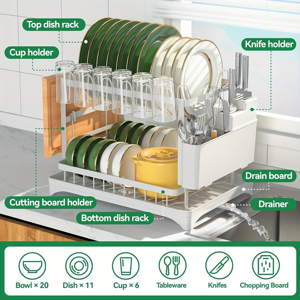 2 Tier Dish Drying Rack for Kitchen Counter, Dish Drainers for Kitchen Counter with Drainboard, Metal Kitchen Dish Rack with Drain, Kitchen Drying Rack Two Tier, Black Dish Racks