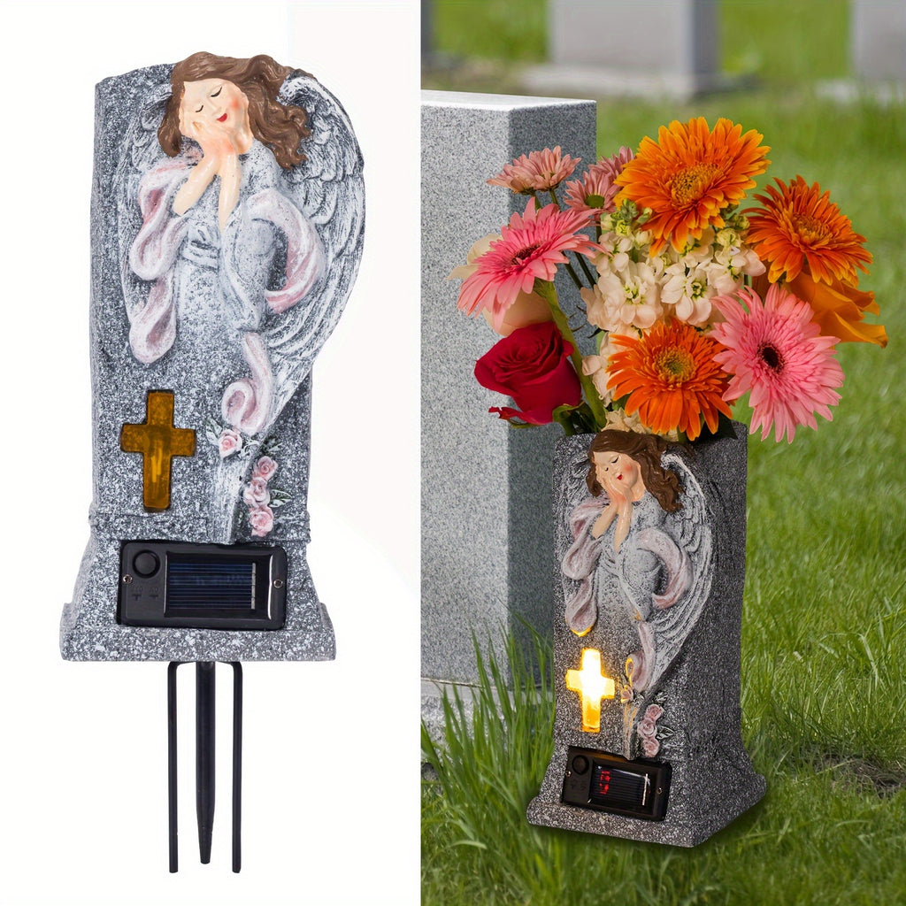 Solar Cemetery Grave Vase with LED for Fresh/Artificial Flowers Headstones Vases with Spikes Gravestone Decor Memorial Gifts for Loss of Loved One