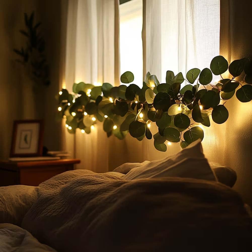 4pcs Total Length 315 In, 80 Lights Eucalyptus Leaf Wreath String Light Pendant, -Battery-powered Holiday Table Decoration With Warm, Realistic Leaves, Perfect For Centerpiece Decoration On The Dining Table, Indoor Home Decoration