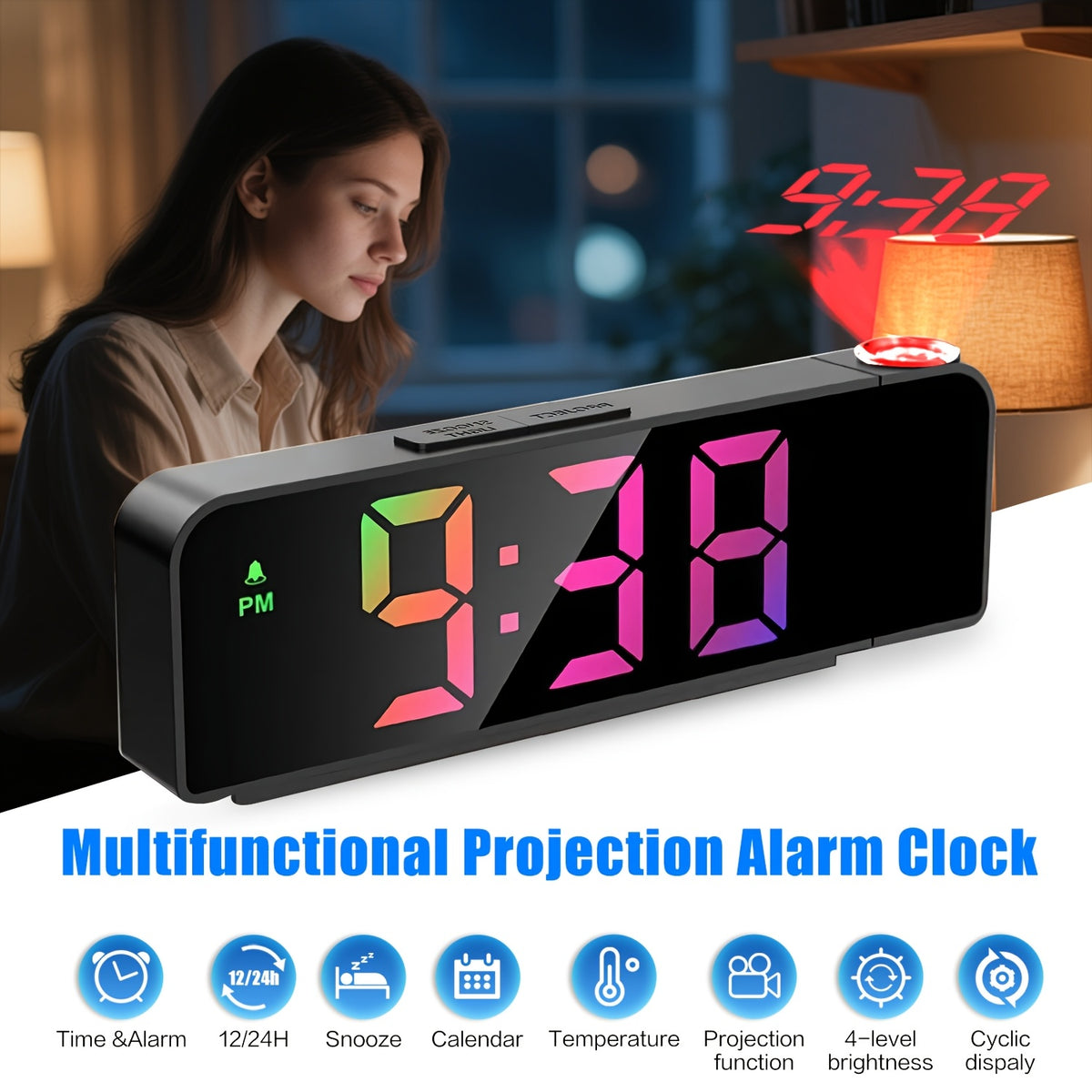 Black Projection Alarm Clock, Multifunctional LED Digital Clock with Colorful Light, USB, Displays Year, Date, Temperature, Adjustable Brightness, Bedroom Clock, 1 Pack,
