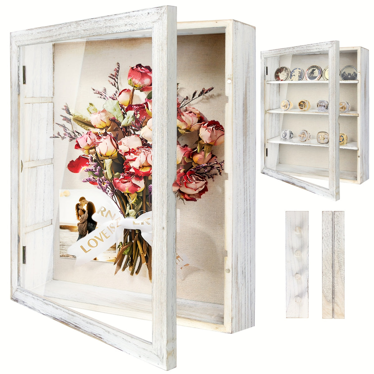 11x14 Large Country Memory Display Box Flowers, Pictures, Championship Rings, MEDALS, Coins, Pin Collection And More, Including 4 Removable Shelving Shadow Box Frames