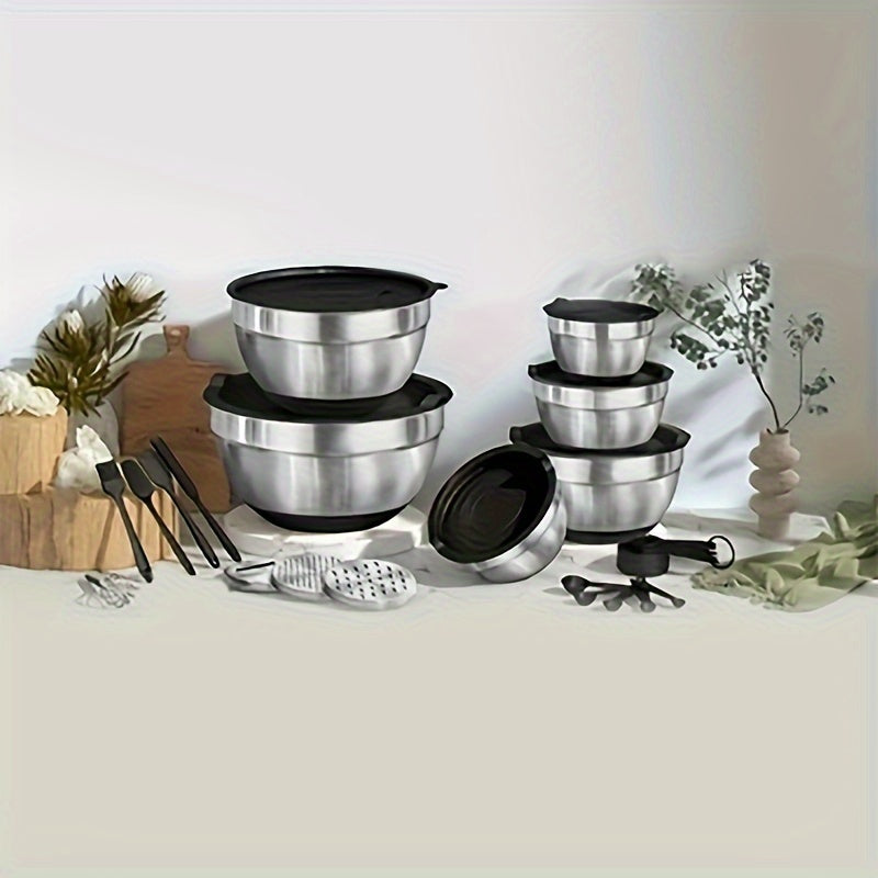 Mixing Bowls with Airtight Lids, 26pcs Stainless Steel Bowls Set, 3 Grater Attachments & Black Non-Slip Bottoms Size 7, 4, 2.5, 2.0, 1.5, 1QT, Great for Mixing & Serving
