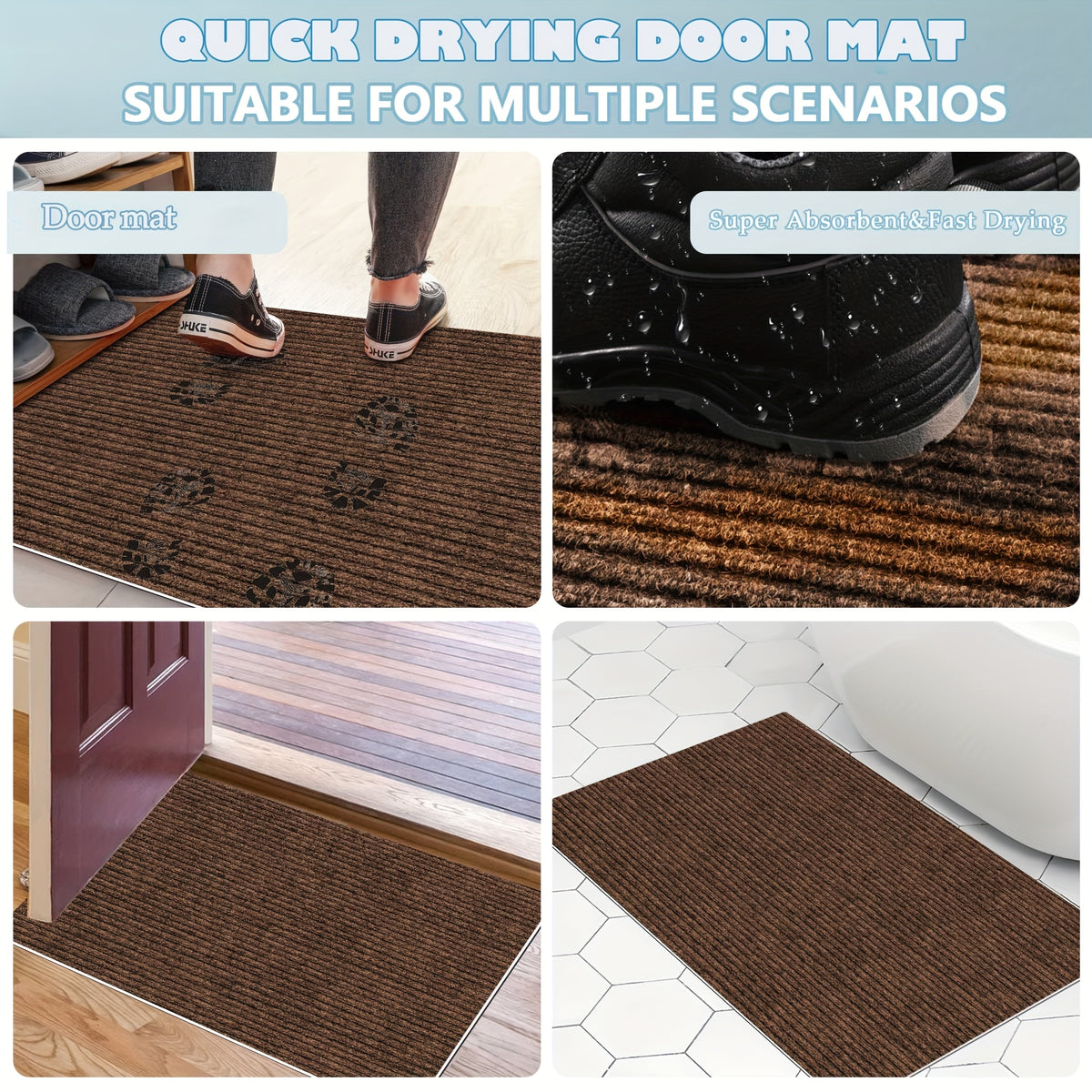 Indoor Door Mat with Non-Slip Rubber Backing, Low-Profile Absorbent Entryway Mat in 4 Colors and 7 Sizes for Front Doors, Hallways and Pet Entrances