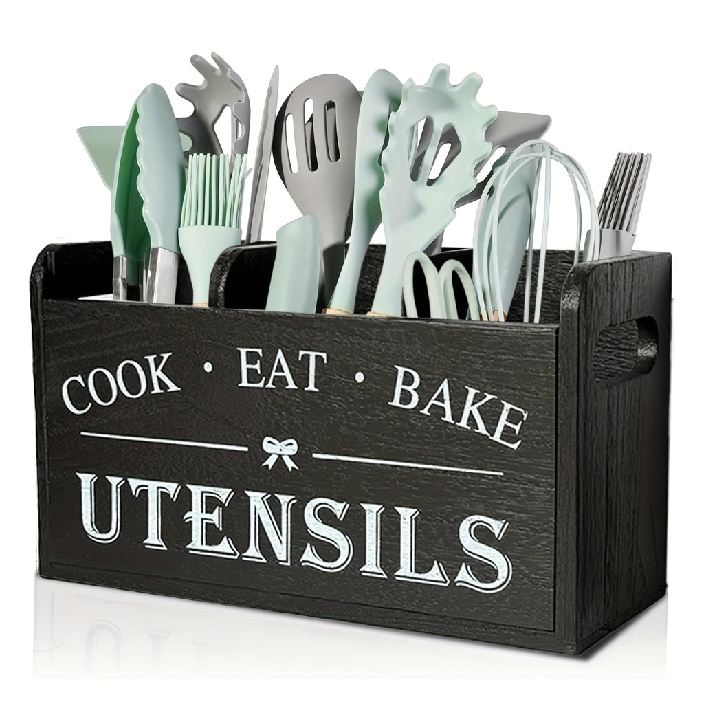 1pc of a Spacious Rustic Wooden Organizer for Kitchen Utensils, Featuring a Handle And Three Compartments. It Can Be Placed on The Countertop Or Mounted on The Wall, Making It Ideal for Storing Cooking, Dining, And Baking Tools