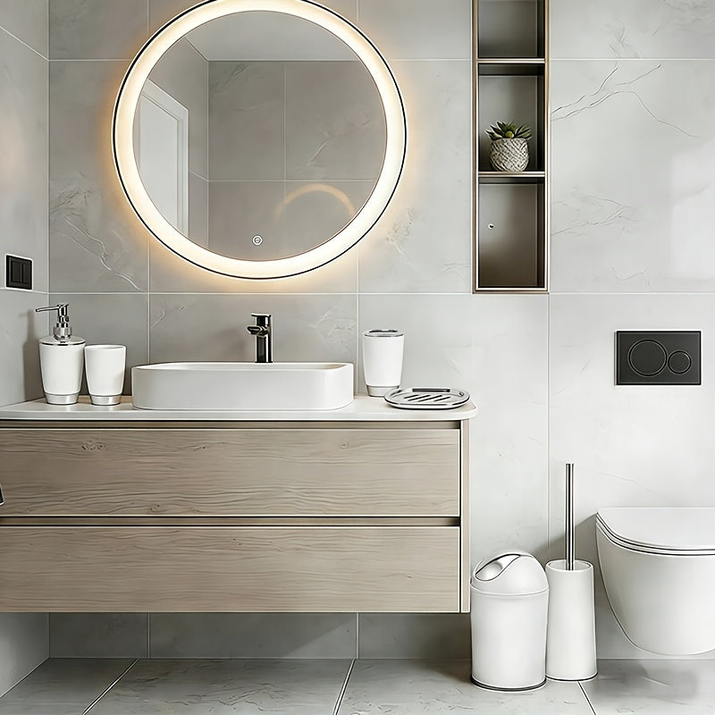 7pcs Luxury Bathroom Accessory Set - Premium Quality, Modern Style - Complete with Trash Can, Toilet Brush, Lotion Dispenser, Soap Dish, Mouthwash Cup & Toothbrush Holder - Space-Saving, Easy to Clean, Ideal for Bathroom Decor And Housewarming Gifts