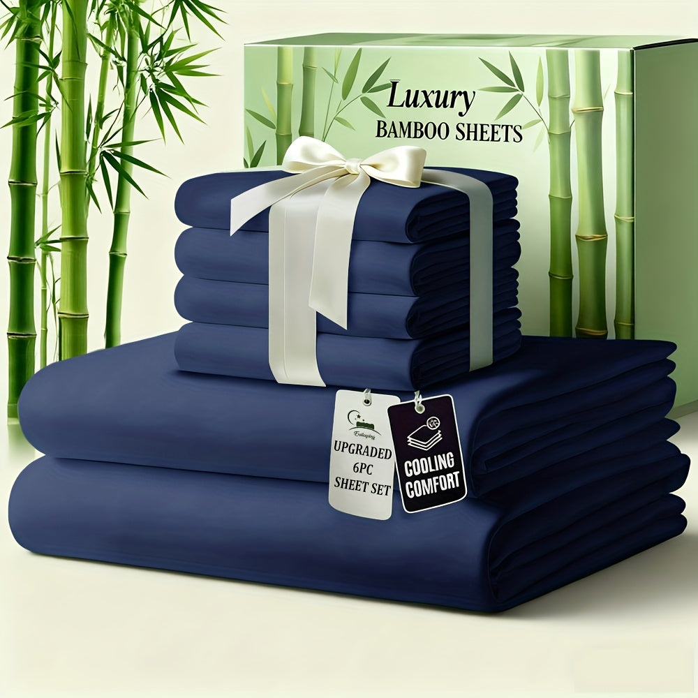 6pcs Luxury Bamboo Cooling Bed Sheet Sets - Viscose Derived From Bamboo Sheets Queen/King Size - Luxuriously Ultra Soft & Breathable Bedding Sheet Set - Deep Pocket Fitted Sheet with Bamboo Texture, Wrinkle-Resistant Soft Sheets