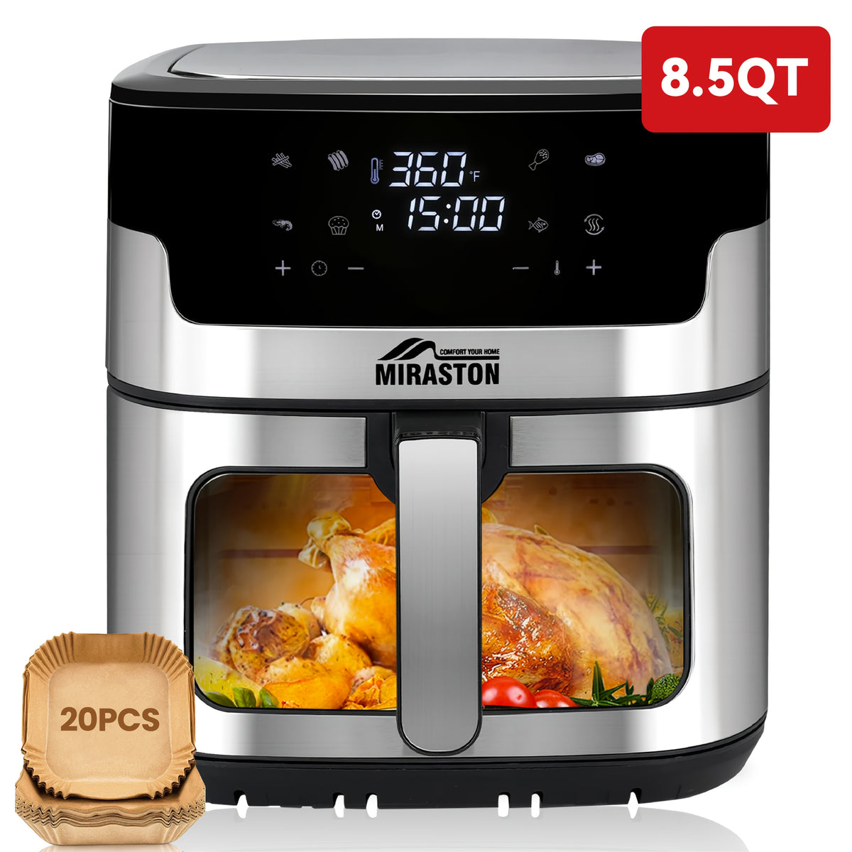 8.5/3.6QT Touch Air Fryer | Upgraded 8-in-1 Basket, Digital Touchscreen Display with 8-Presets, Air Fry, Bake, Roast, Broil in Minutes, Black (Touchscreen Series), YMS Brand, Stainless Steel Basket, 1500W Power, 120V Voltage