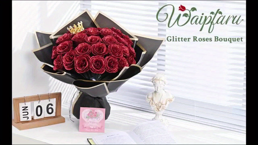 24/36pcs Glitter Roses Bouquet - Everlasting Shiny Artificial Red Roses with Sparkling Glitter Petals - DIY Fake Flower Bouquet Suitable for Valentine' Day, Mother' Day, Wedding, Anniversary, - Gifts for, Plastic Roses Bouquet