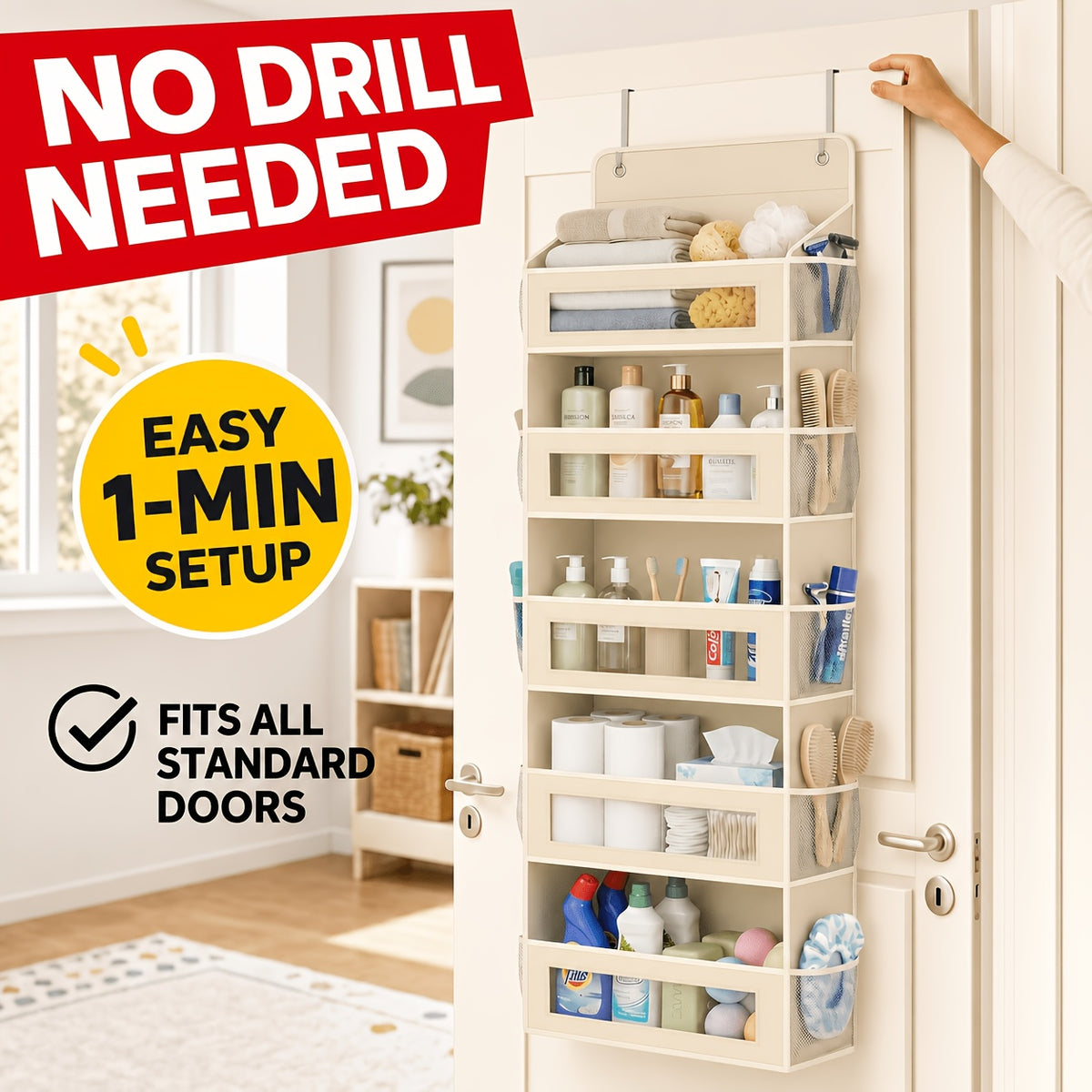 [5-Tier Storage Box] Door Storage Box, Hanging Door Storage Box with 5 Large Capacity Pockets | Anti-tilt 44 Pound Load Back Of Door Storage Box for Bedroom, Bathroom, Pantry, Room Storage And Collection Use Over The Door Pantry Organizer
