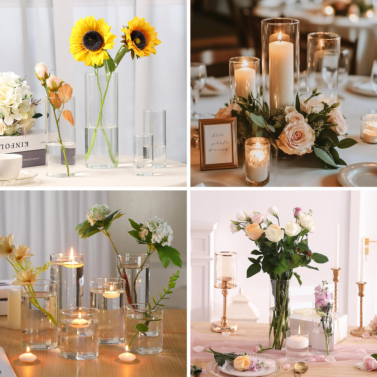 WHONLINE 24pcs Clear Glass Cylinder Vases, 4, 6, 8, 10 Inch Tall Cylinder Vases for Centerpieces, Glass Flower Vase, Hurricane Floating Candle Holder Vase for Table Shelf, Party, Wedding, Home Decor