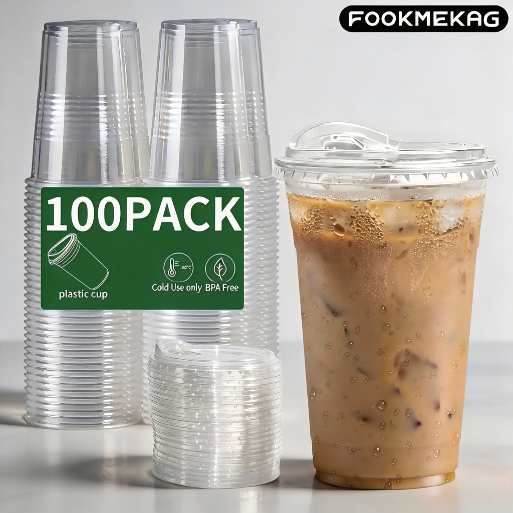 [100 Sets Of Plastic Cups with Lids]Frozen Cold Drink Storage Containers, Disposable Clear Plastic Cups with Lids, Iced Coffee Cups, Ideal for Iced Coffee, Smoothies, Milkshakes, Takeaway And Cold Drinks Perfect for Halloween, Christmas, And Parties