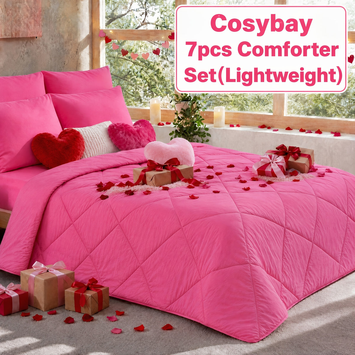 Cosybay 7 Piece Pinch Pleated Comforter Set Queen King Size, Luxury Soft Fluffy Bedding Includes 1 Comforter, 1 Extra Deep Pocket Fitted Sheet, 1 Flat Sheet, 4 Pillowcases & Pillow Covers, Perfect for Halloween Party, Holiday Celebrations & Birthday